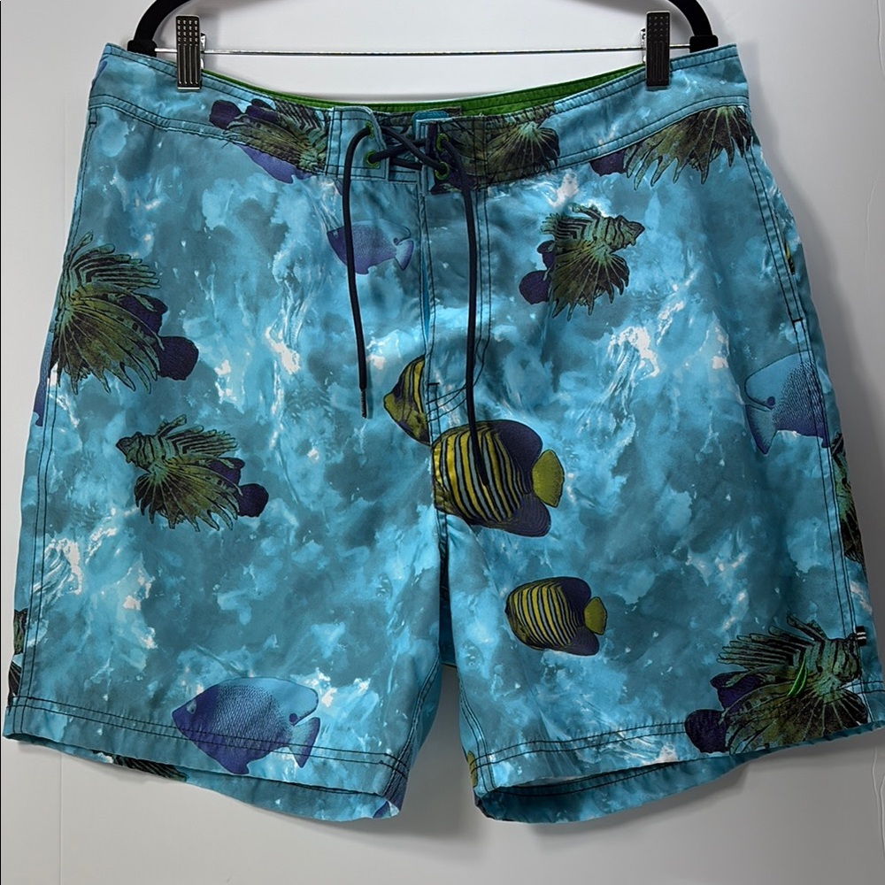 Nautica Blue and Green Ocean-Themed Swim Trunks Board Shorts